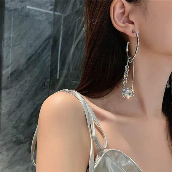 fxmimior Fashion Women Asymmetric Rhinestones Circle Earrings Tassel Long main image 4